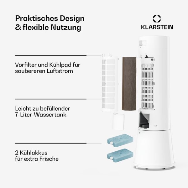 Frost Luftkühler mit Wasserkühlung | 200 m³/h | 7 l | 20 m² | 2 Kühlpacks | 4 Modi | 45 W