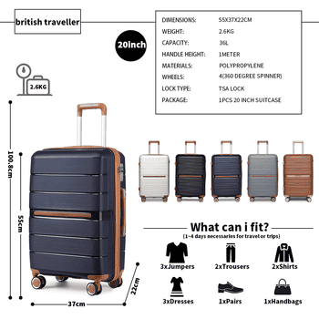 British Traveller Handgepäck-Trolley Reisekoffer Hartschalenkoffer aus 100% PP 8 Spinnerräder, TSA-Schloss