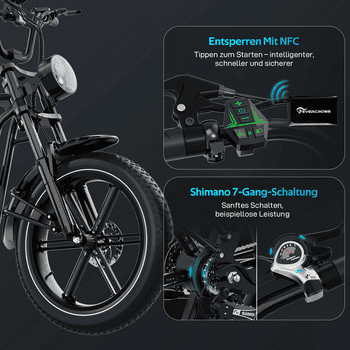 EVERCROSS TECH E-Bike 20” x 4,0 fette Reifen MTB, 48V 15,6AH Removable Battery, NFC, Heckmotor, 748,8 Wh, bis 55-100km, 7 Gang Shimano, Kettenschaltung, Heckmotor