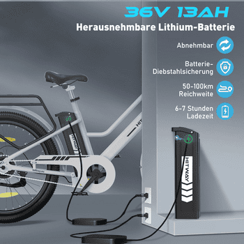 HITWAY E-Bike Cityrad 27,5 Zoll Elektrofahrrad für Damen Herren, Pedelec mit 36V 13Ah Akku, 1 Gang, 250W Heckmotor, 468 Wh, E-fahrräde, E-Citybike mit Schloss, Pumpe, APP