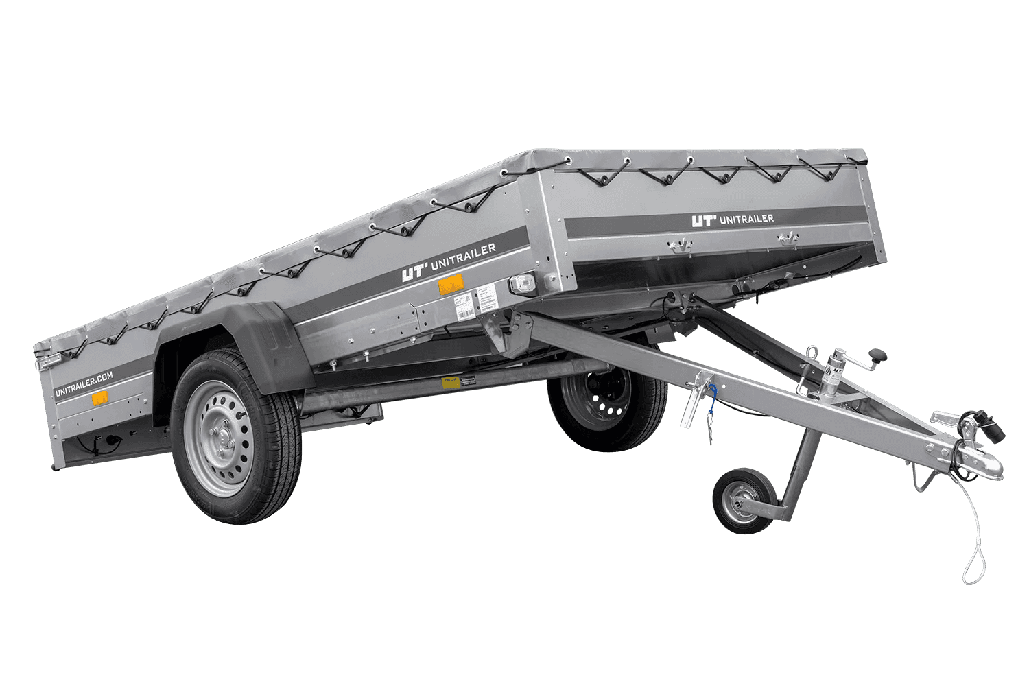 PKW Anhänger 264×150 Unitrailer Garden 265 KIPP mit Flachplanenträger und grauer Plane-Neu – [LTG_SITE_NAME]